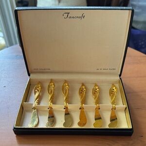 Tancraft Janis Collection Hors Doeuvres Knives 24kt Gold Plated Set of 6 Vtg Box